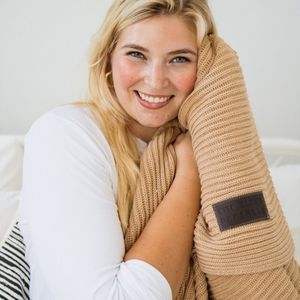 Two Blind Brothers knit cotton throw, camel color, new with tags